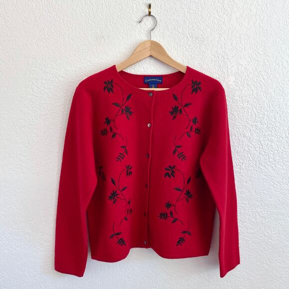 Charter Club 100% Wool Button Up Cardigan Red Sweater Black Vine Embroidery Med - Picture 1 of 6